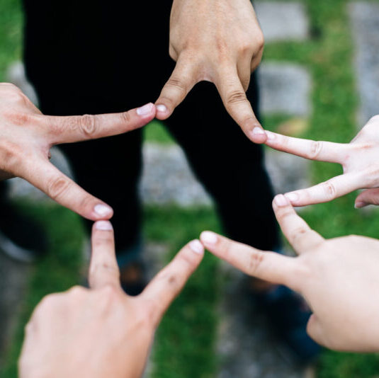 Women and men friends make star shape from fingers. Success, fri