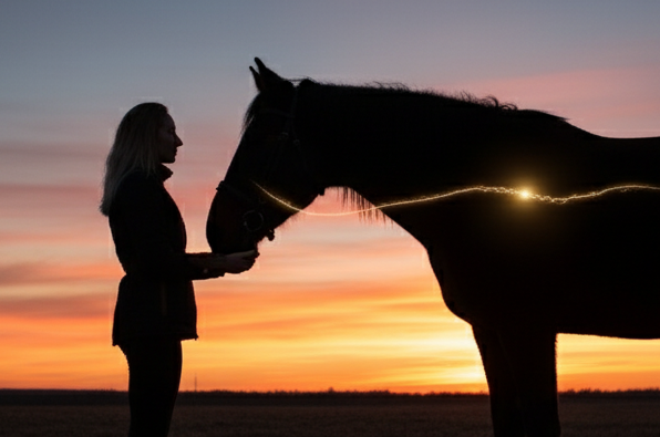 silhouette d'un cheval qui vient au contact d'une femme, elles se dessinent dans un paysage de soleil couchant orangé. La femme est à pied la tête du cheval vient au contact de sa main avec une grande douceur. Le lien de confiance en un filet lumineux fin